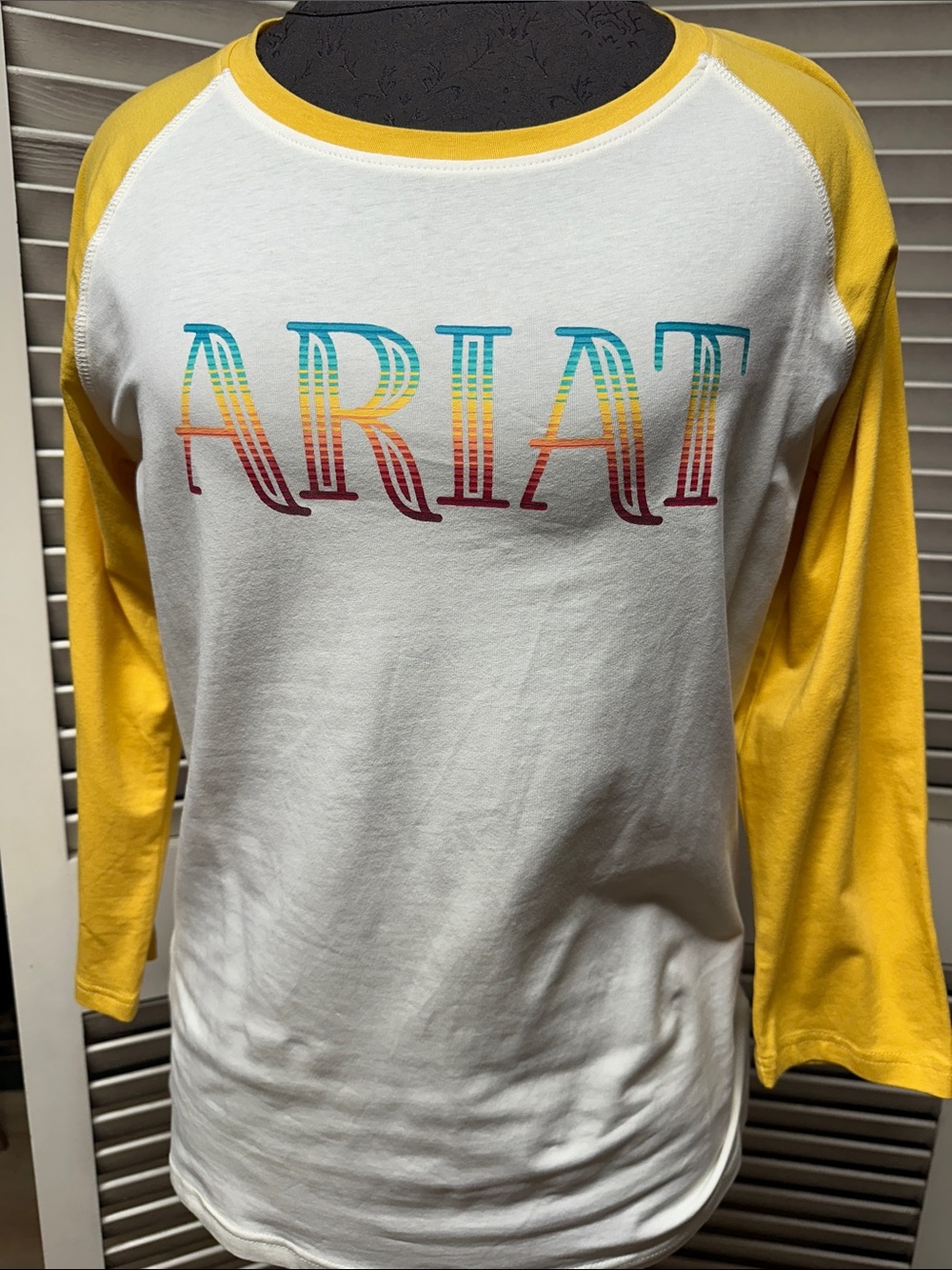 Ariat White Raglan Tee with Yellow Sleeves and Multicolor Logo